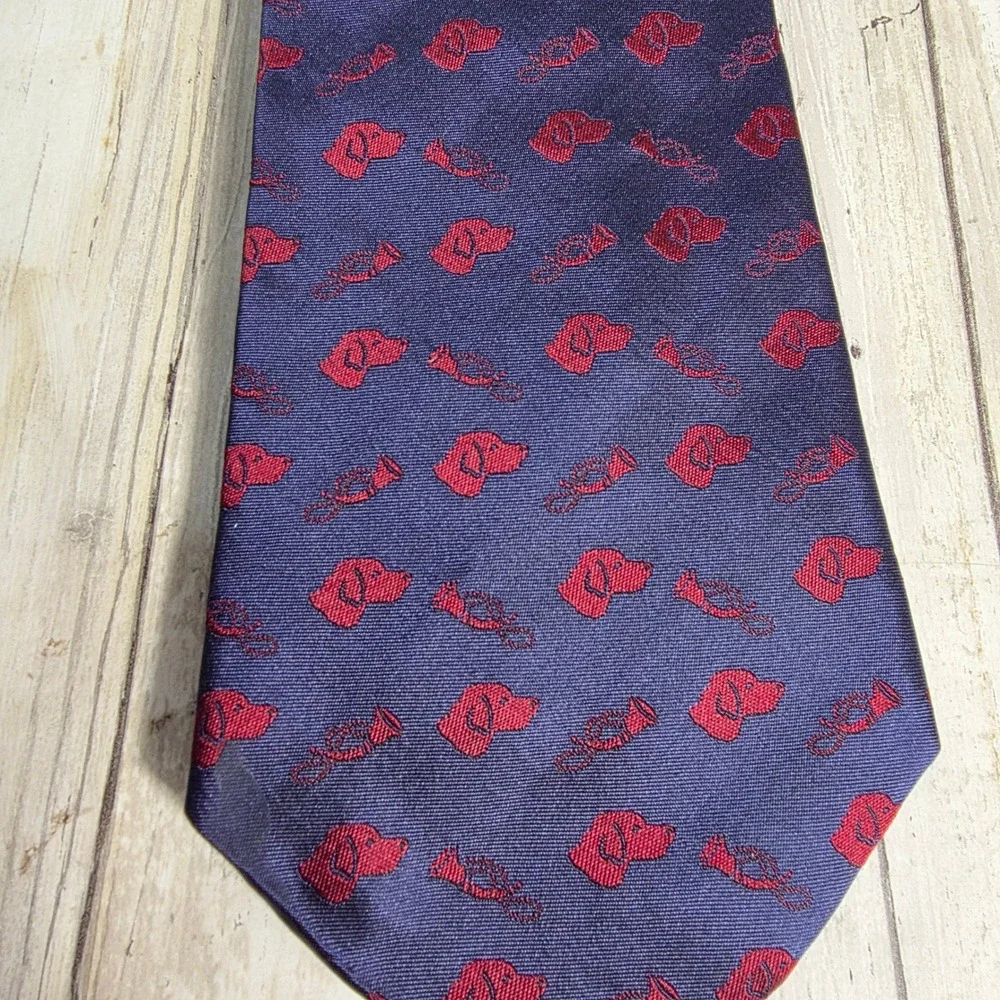 Polo Ralph Lauren Silk Tie Navy Blue Red Dog Hunting Horn Equestrian Woven Mens